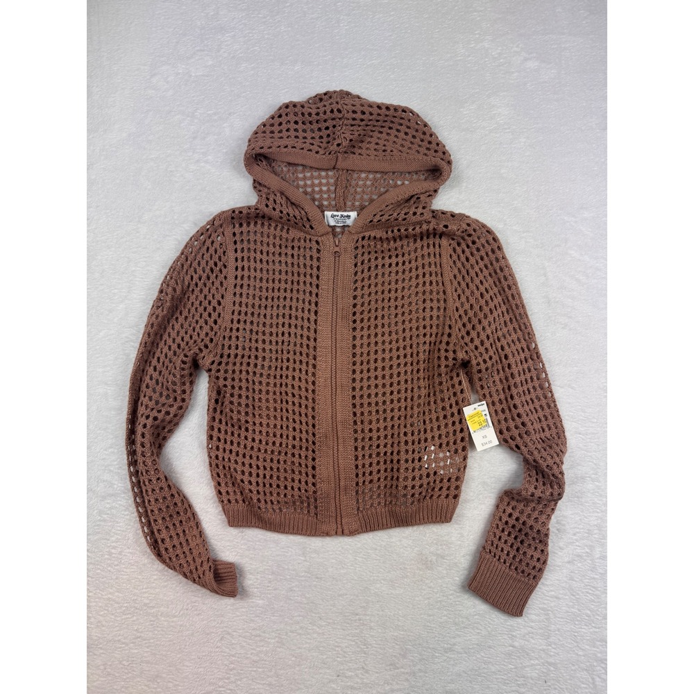 Love Knits by The Sweater Dept NYC Brown Open Knit Zip Up Hooded Sweater XS NEW